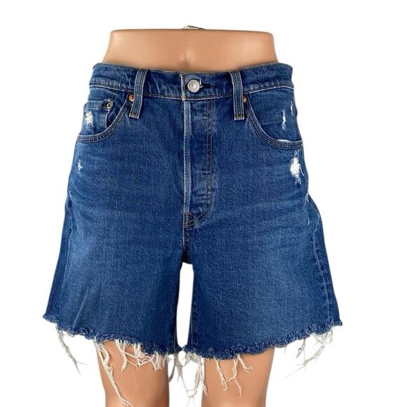 Levi's Premium Women's Blue Dark Wash Distressed Cutoff Denim Jean Shorts Size M - Picture 1 of 5